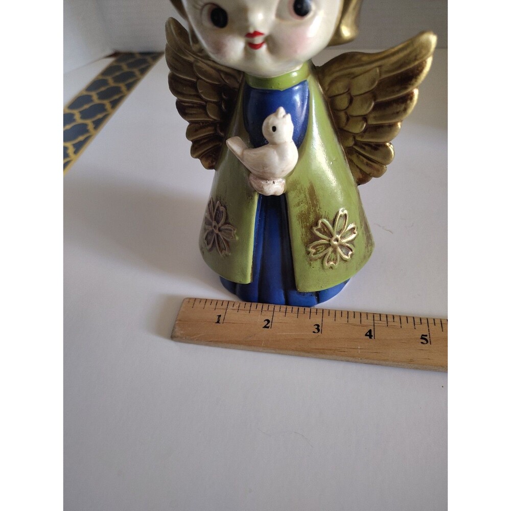 VTG HOLT HOWARD Chalkware Christmas Angel Green Blue Holding Bird Wings Japan 55 - Picture 14 of 14